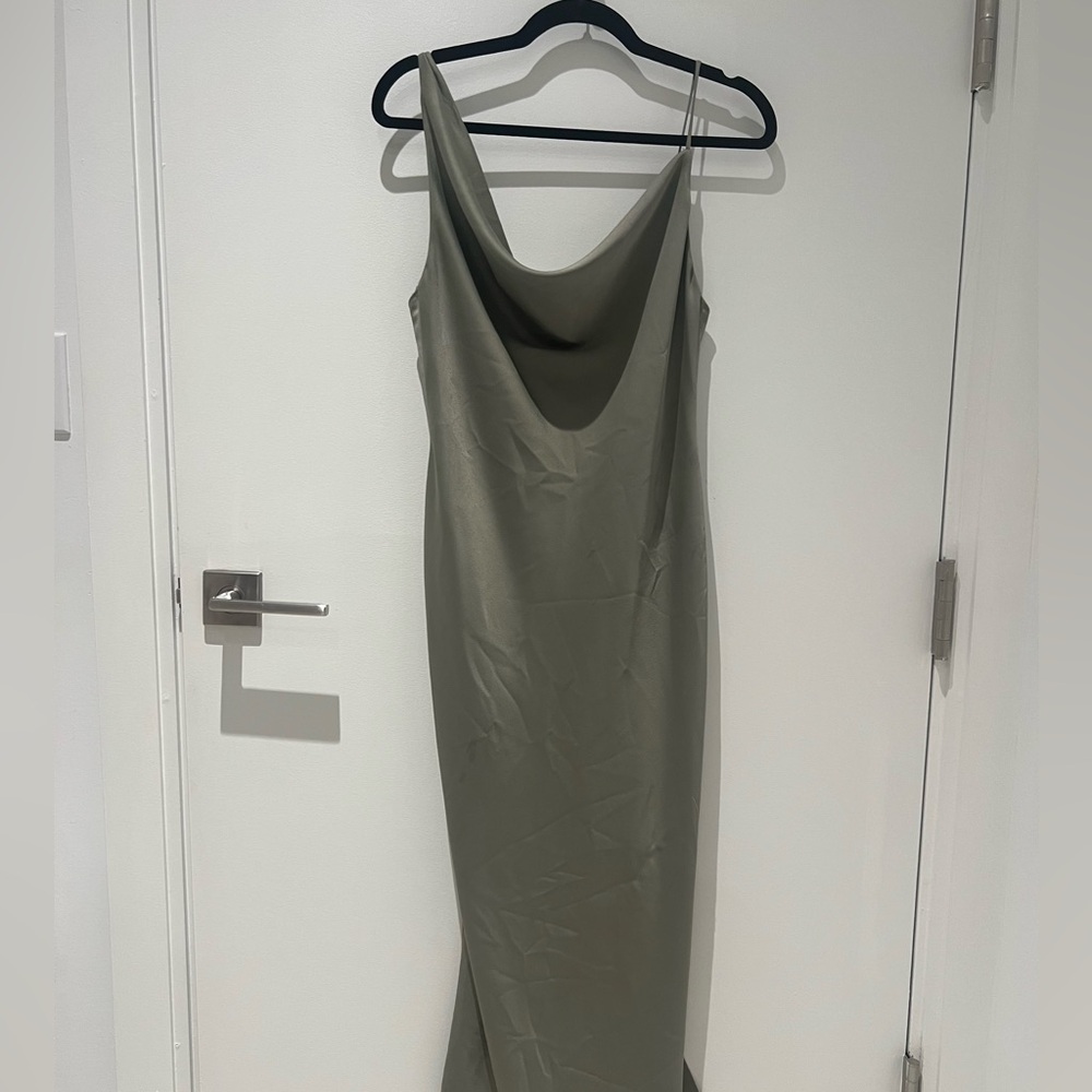 BHLDN one shoulder silk slip dress in moss green. Worn once with no alterations